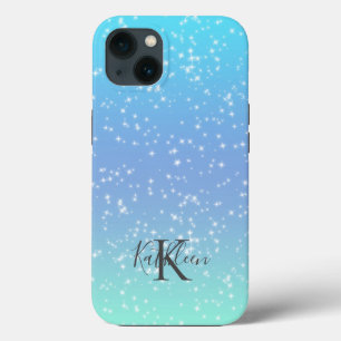 Monogram Initial Name Blue Green Sparkle Ombre iPhone 13 Case