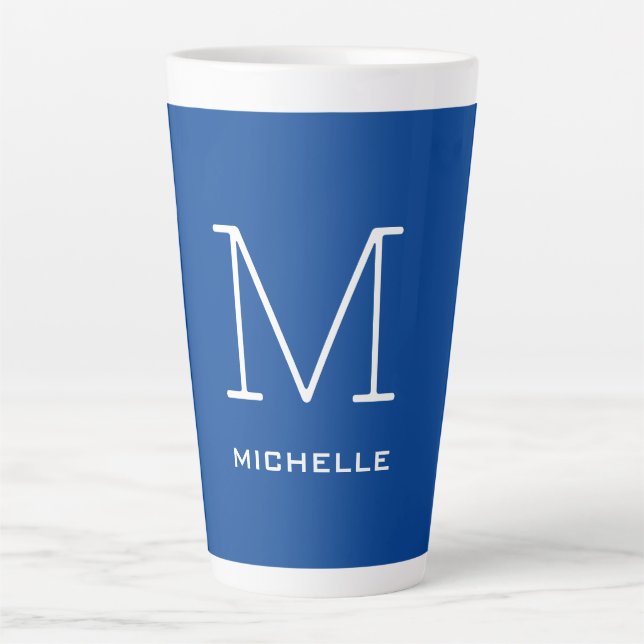 Monogram Initial Name Deep Blue Unique Minimalist Latte Mug (Front)