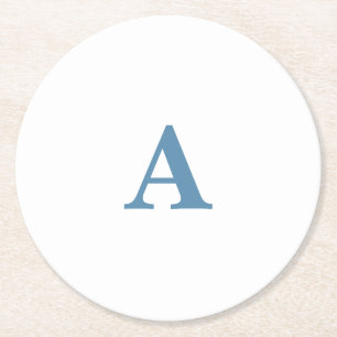 Monogram Initial Name Dusty Blue White Simple Cool Round Paper Coaster