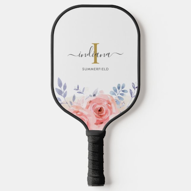 Monogram Initial Name Lilac Pink Floral Pickleball Paddle (Front)