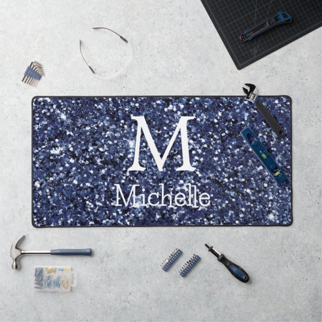  Monogram Initial Name Navy Glitter Desk Mat (Workstation)