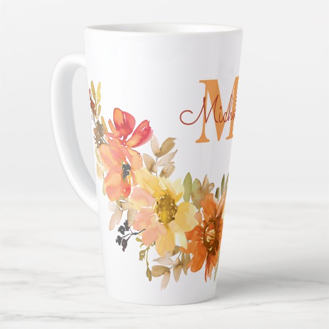 Monogram Initial Name Orange Watercolor Floral Latte Mug (Left Angle)