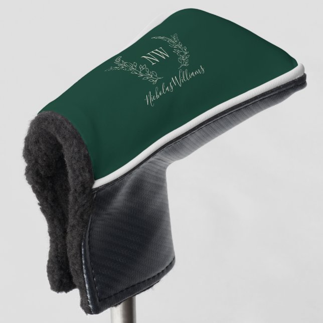 Monogram initial name personalised dark green golf head cover (3/4 Front)