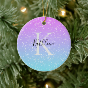 Monogram Initial Name Pink Blue Sparkle Ombre Ceramic Ornament