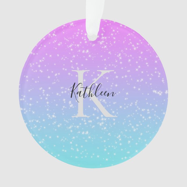 Monogram Initial Name Pink Blue Sparkle Ombre  Ornament (Front)