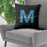 Monogram Initial Name Script Blue Cushion<br><div class="desc">Simple Personalised Monogram Initial Name Script Blue Throw Pillow Home decor Interior Design. This chic monogram pillow blends modern minimalist style with a touch of sophistication, making it the perfect accent piece. Featuring a bold blue initial over a sleek black background and an elegant white script name, it’s a fresh...</div>
