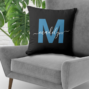 Monogram Initial Name Script Blue Cushion
