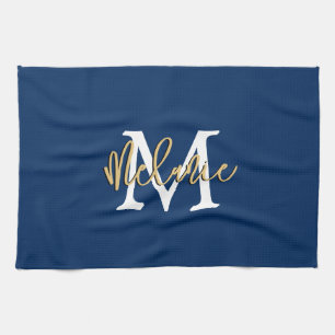 Monogram Initial Name Script Navy White Gold Tea Towel