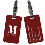 Monogram Initial Name Simple Burgundy Luggage Tag<br><div class="desc">Modern typography minimalist monogram initial name design in white on burgundy which can be changed to personalise.</div>