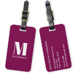 Monogram Initial Name Simple Burgundy Pink Luggage Tag<br><div class="desc">Modern typography minimalist monogram initial name design in white on deep jewel burgundy pink,  which can be changed to personalise.</div>