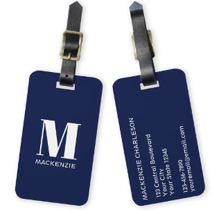 Monogram Initial Name Simple Navy Blue Luggage Tag