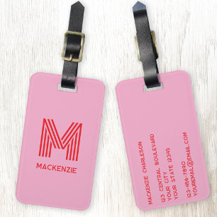 Monogram Initial Name Simple Pink and Red Luggage Tag