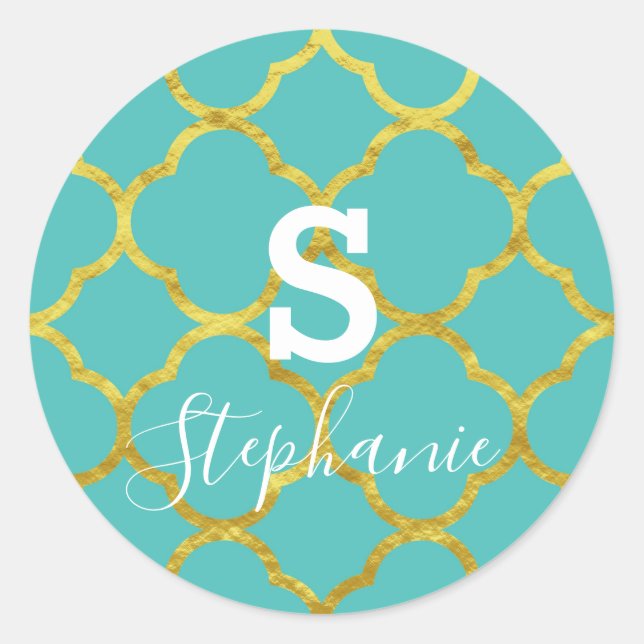 Monogram Initial Name Teal Blue Gold Foil 2020 Classic Round Sticker (Front)