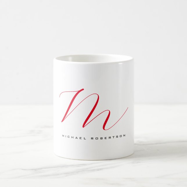 Monogram Initial Name White Red Unique Minimalist Coffee Mug (Center)