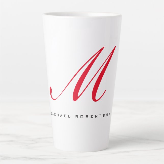 Monogram Initial Name White Red Unique Minimalist Latte Mug (Front)
