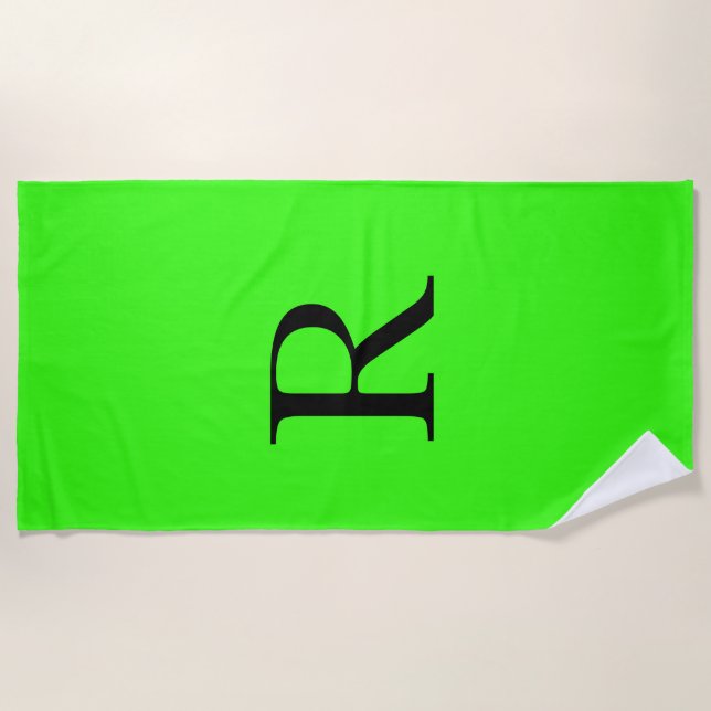 Monogram Initial Neon Green Solid Colour Cool Beach Towel (Front)