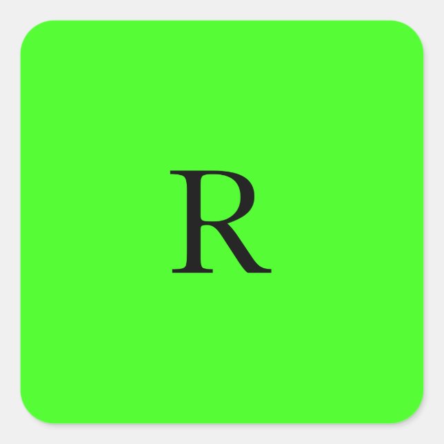 Monogram Initial Neon Green Solid Colour Simple Square Sticker (Front)
