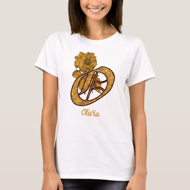 Monogram Initial O Gold Peony Personalised T-Shirt (Front)