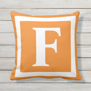 Monogram Initial Orange White Outdoor Throw Pillow