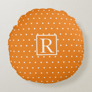 Monogram Initial Orange White Polka Dots Cute Round Cushion