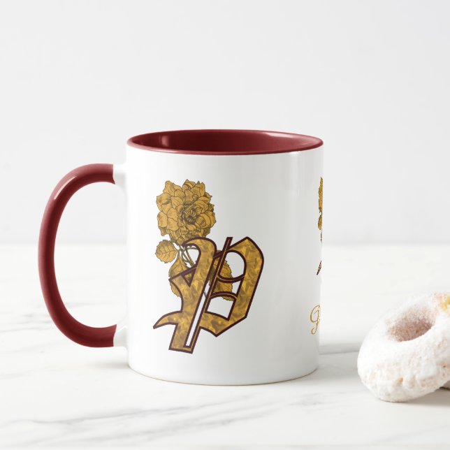 Monogram Initial P Elegant Gold Peony Personalised Mug (With Donut)