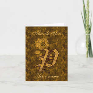 Monogram Initial P Gold Satin Peony Personalised Thank You Card