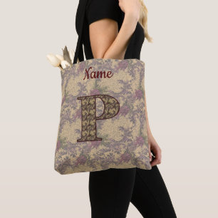 Monogram Initial P Vintage Floral Personalised Tote Bag