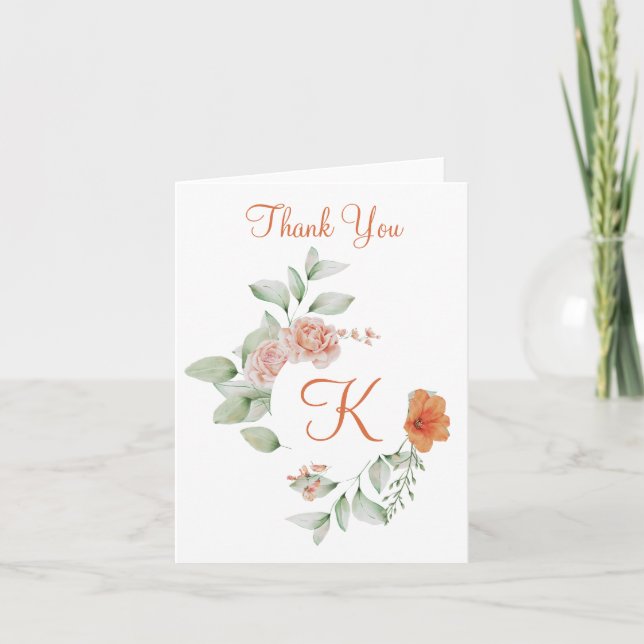 Monogram Initial Peach Green Floral Thank you Note Card (Front)