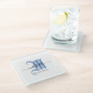 monogram initial personalised business name blue  glass coaster