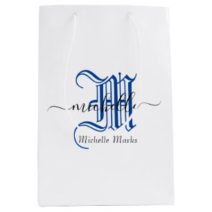 monogram initial personalised business name blue medium gift bag