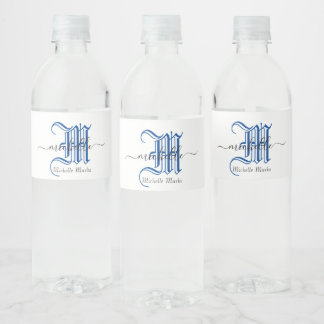 monogram initial personalised business name blue water bottle label
