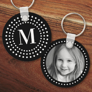 Monogram initial photo retro radial dots black key ring