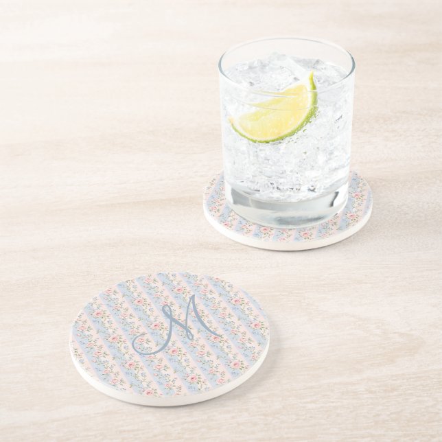 Monogram Initial Pink Blue Striped Floral Roses  Coaster (Side)