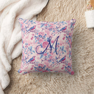 Monogram Initial Pink Blue Toile Floral Birds Cushion