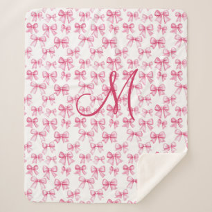 Monogram Initial Pink Bow Coquette Aesthetic Girls Sherpa Blanket