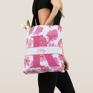 Monogram Initial Pink Daisies Watercolor Flowers Tote Bag