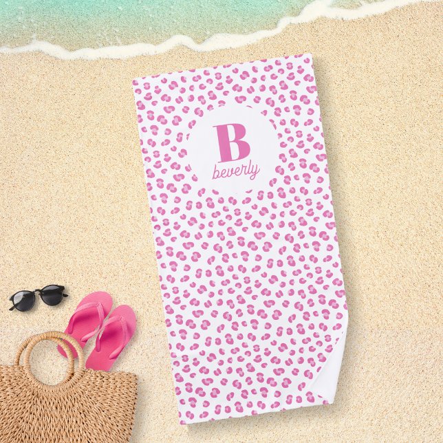 Monogram Initial Pink Leopard Print Beach Towel (Creator Uploaded)