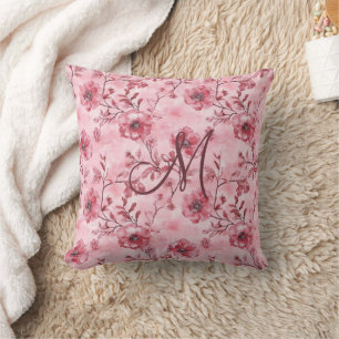 Monogram Initial Pink Rose Burgundy Florals Cushion