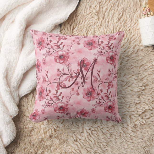Monogram Initial Pink Rose Burgundy Florals Cushion (Blanket)
