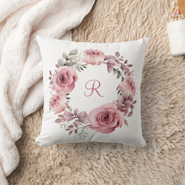 Monogram Initial Pink Roses Greenery Watercolor  Cushion (Blanket)