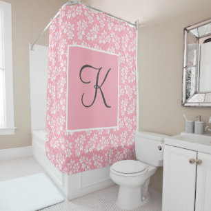 Monogram Initial Pink White Grey Floral Shower Curtain