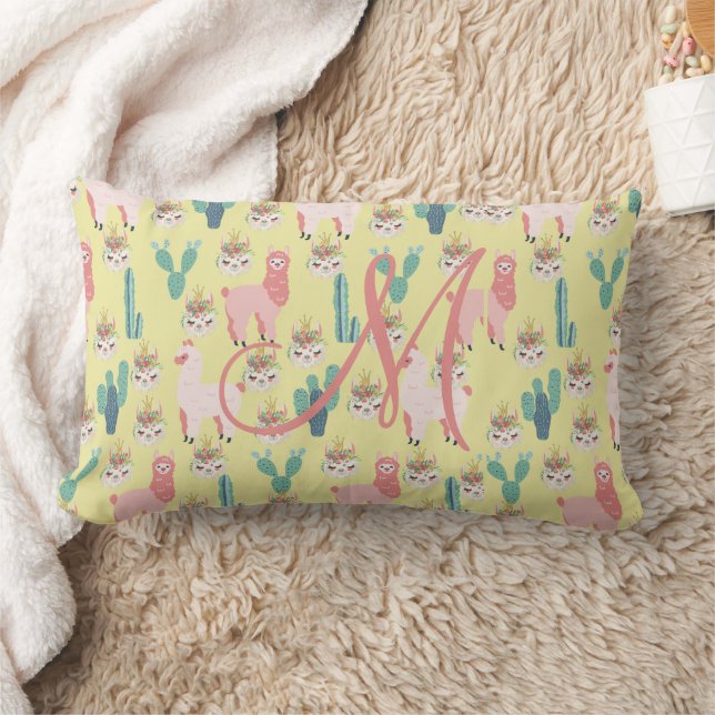 Monogram Initial Pink Yellow Llama Nursery for her Lumbar Cushion (Blanket)