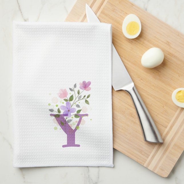 Monogram Initial Plus Floral Design Tea Towel (Quarter Fold)