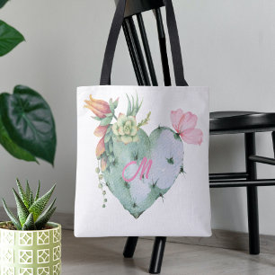 Monogram Initial Pretty Watercolor Flowers Green Tote Bag