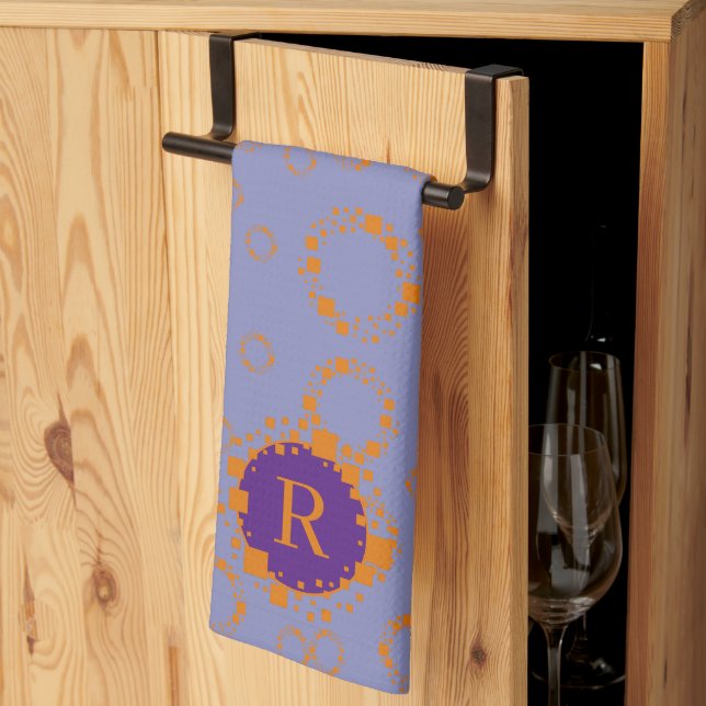 Monogram Initial Purple Orange Squares Circles Art Tea Towel (Thirds Fold)