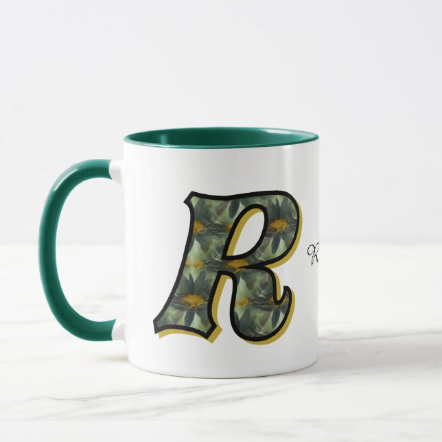 Monogram Initial R Daisy Floral Art Personalised Mug (Left)