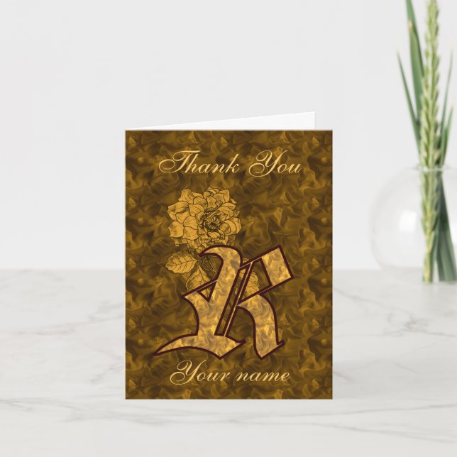 Monogram Initial R Gold Satin Peony Personalised Thank You Card (Front)