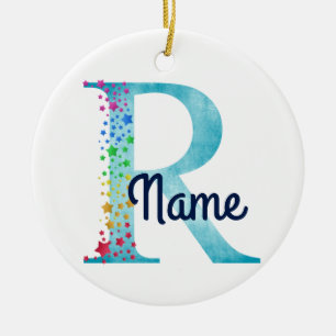 Monogram Initial R Rainbow Star design Ceramic Ornament
