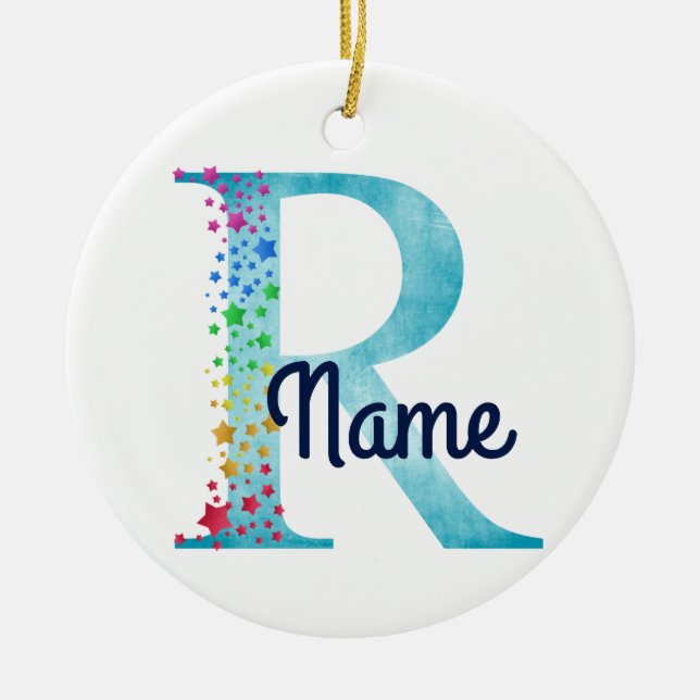 Monogram Initial R Rainbow Star design Ceramic Ornament (Front)