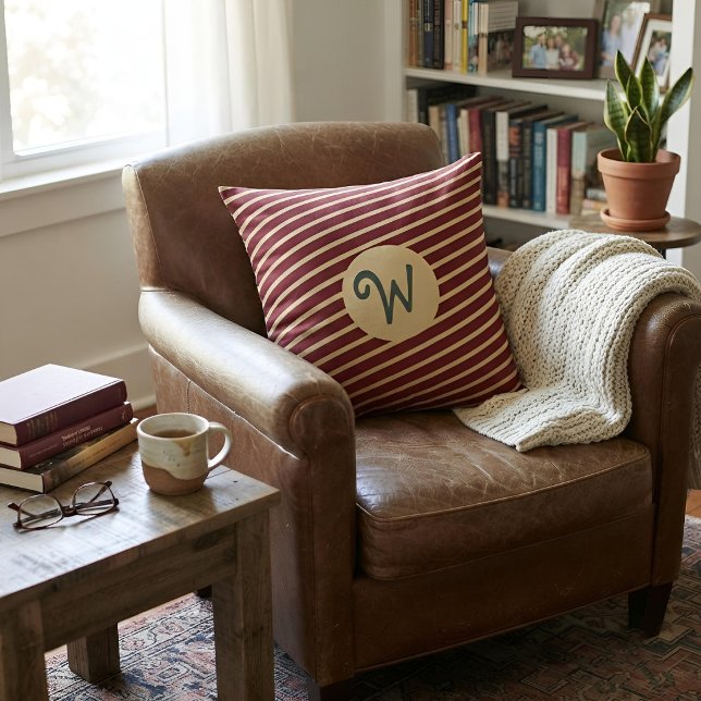 Monogram Initial Red Cream Stripes Preppy Script Cushion (Creator Uploaded)